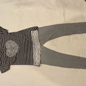 2 piece set, gray leggings and black and white shirt